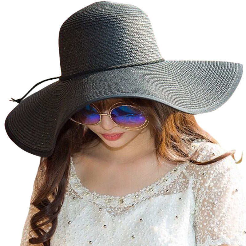 [Australia] - Lanzom Womens 5.5 Inches Big Bowknot Straw Hat Large Floppy Foldable Roll up Beach Cap Sun Hat UPF 50+ 01 Style B-black One Size 
