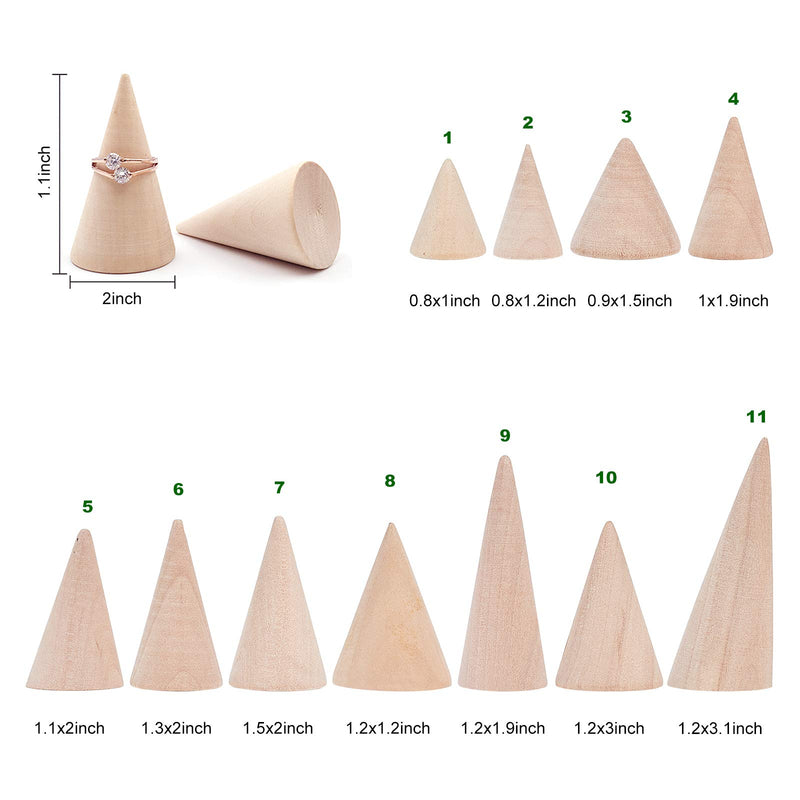 [Australia] - FINGERINSPIRE Set of 11 Wooden Cone Ring Holders Ring Display Stands Organizer Holders Jewelry Display DIY Craft Wood Cone Stand, 11 Different Size, Height 1.5-3.1inch 