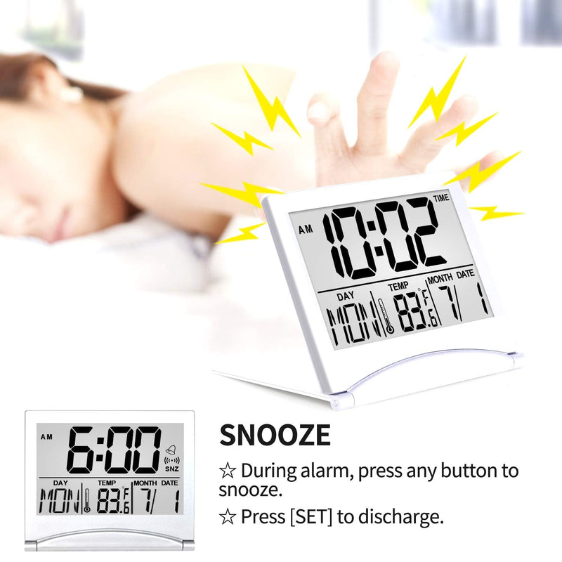 [Australia] - Betus Digital Travel Alarm Clock - Foldable Calendar Temperature Timer LCD Clock with Snooze Mode - Large Number Display, Battery Operated - Compact Desk Clock for All Ages (Silver) Silver 