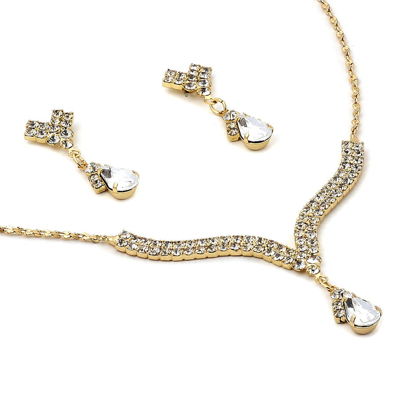 [Australia] - Topwholesalejewel Rhinestone Necklace with Jet Teardrop Center Matching Dangle Earrings Jewelry Set gold 