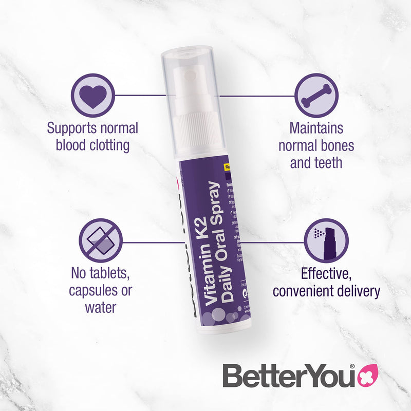 [Australia] - BetterYou Vitamin K2 Daily Oral Spray | Supports Normal Bone Health and Blood Clotting | 25ml (160 sprays) | Palm Oil Free | Natural Peppermint Flavour Single 