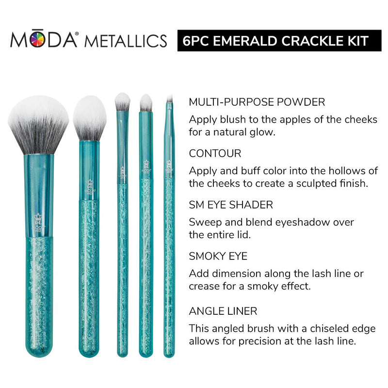 [Australia] - MODA Full Size Crackle 6pc Makeup Brush Set with Pouch Includes - Multi-Purpose Powder, Contour, Eye Shader, Smoky Eye, and Angle Liner, Emerald 