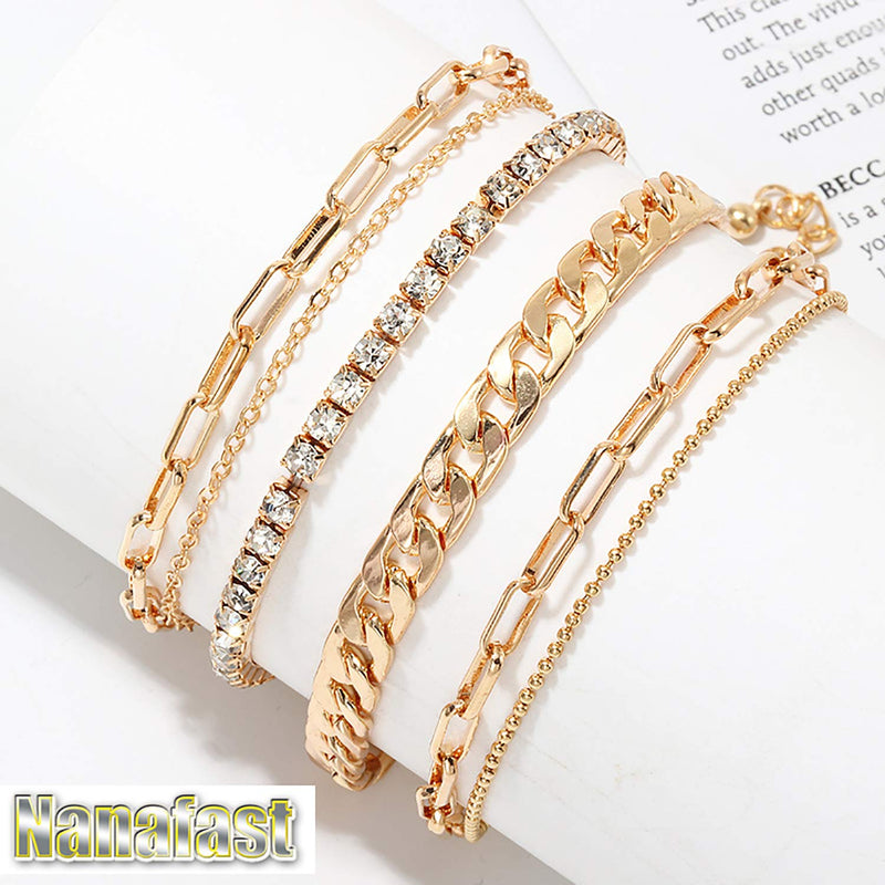 [Australia] - Nanafast 4-6PCS Ankle Bracelets Set for Women Gold Boho Beach Anklet Chain Adjustable Foot Jewelry for Girls Extremely Simple Style 4PCS 