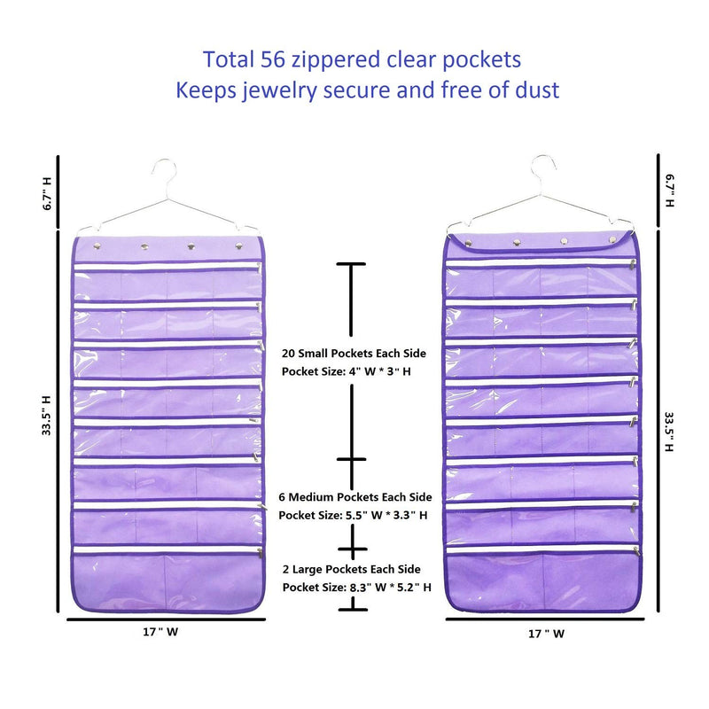 [Australia] - ANIZER Dual Sided Hanging Jewelry Organizer with Hanger for Closet Necklace Earrings Bracelet Ring Travel Holder (56 Zippered Clear Pockets Purple) 56 Zippered Clear Pockets Purple 