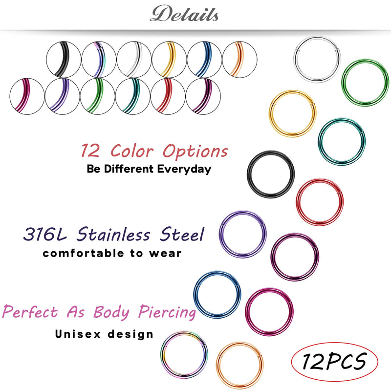 [Australia] - Drperfect 12 Pcs Septum Rings 316L Stainless Steel Cartilage Hoop Earrings Hinged Segment Clicker Septum Nose Rings Hoop Helix Daith Tragus Earrings Body Piercing for Women Men 16G 18G 16G-10MM 