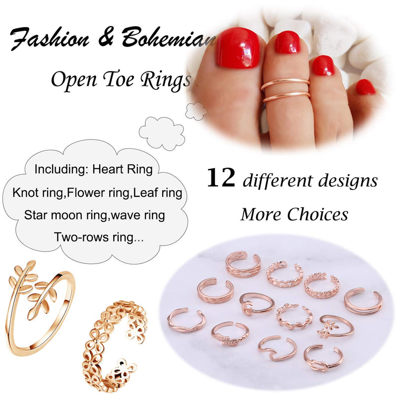 [Australia] - KOHOTA 12PCS Adjustable Toe Rings for Women Summer Beach Open Toe Rings Set Flower Arrow Tail Pinky Band Rings Barefoot Foot Jewelry Rose gold color 