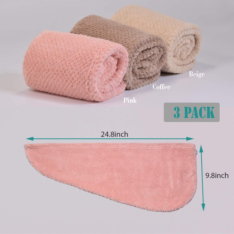 [Australia] - ELLEWIN Hair Towel Wrap 3 Pack, Microfiber Hair Drying Shower Turban with Buttons, Super Absorbent Quick Dry Hair Towels for Curly Long Thick Hair, Rapid Dry Head Towel Wrap for Women Anti Frizz Coffee & Pink & Beige 