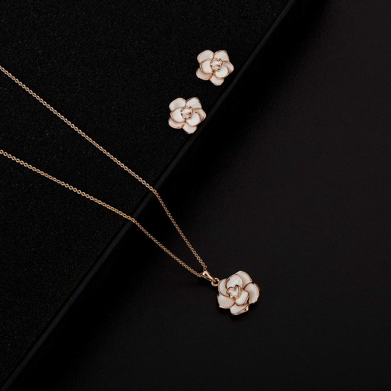 [Australia] - EVEVIC Rose Flower Necklace Earrings Set for Women 18K Gold Plated Hypoallergenic Jewelry Sets White 