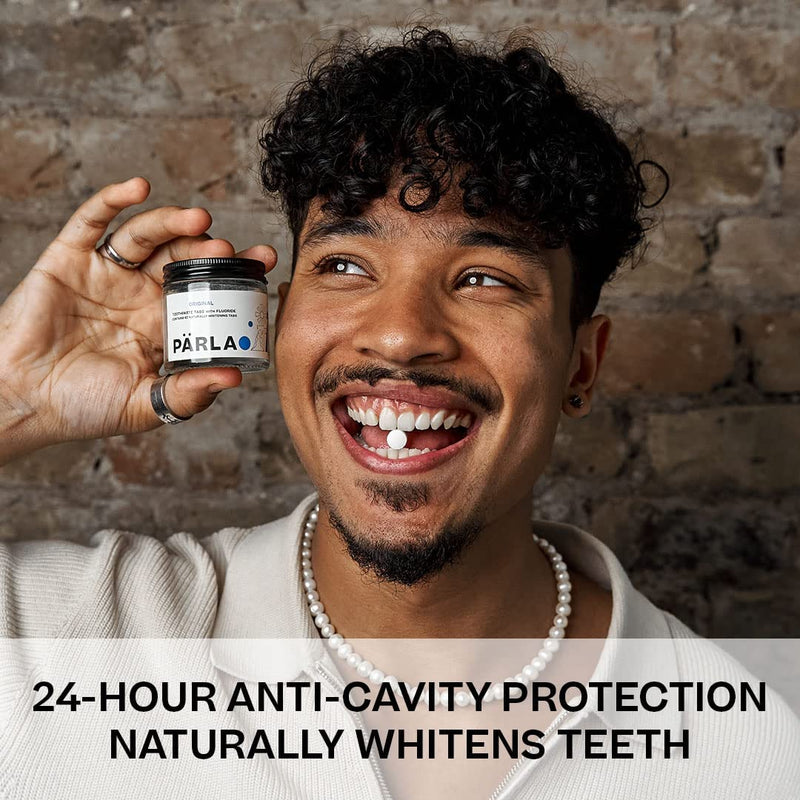 [Australia] - PÄRLA Original Toothpaste Tablets with Fluoride | 62 Tabs, 1 Month Supply | Eco-Friendly Bites in Sustainable Packaging | Peppermint Flavour | Natural Whitening, Gluten Free & Vegan | Refillable Jar 62 Count (Pack of 1) 