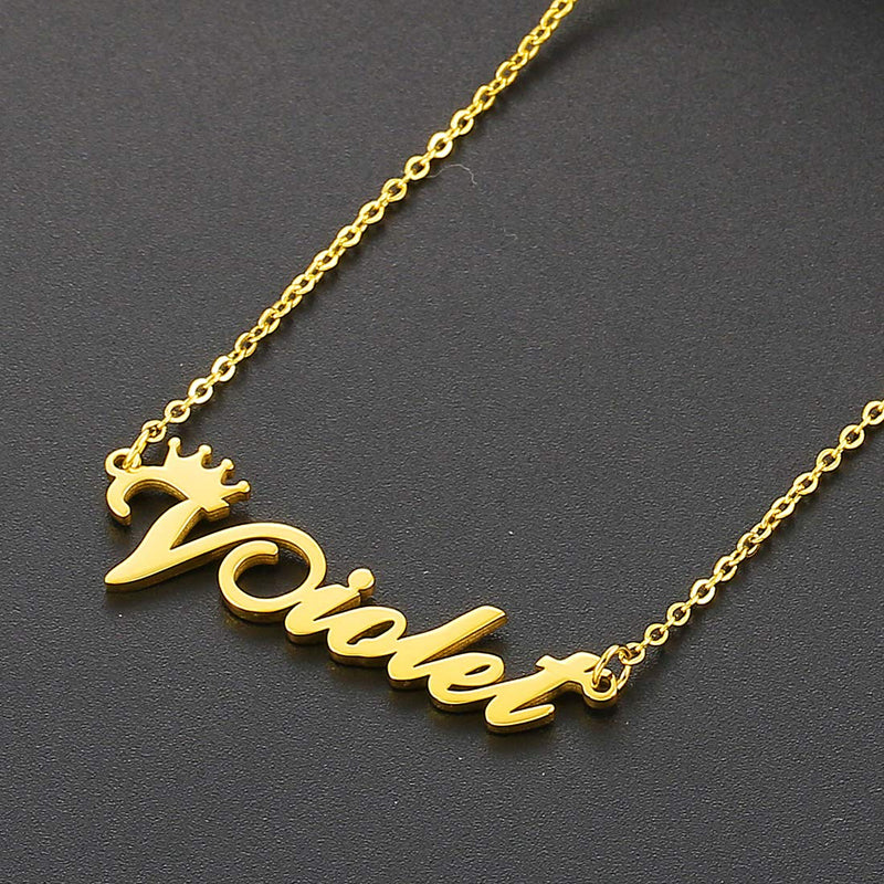 [Australia] - Personalized Name Crown Necklace,Customized Script Initial Women Girl Nameplate Charm Crown Necklace Stainless Steel Pendant Necklace Chain Jewelry Gift for Boy Violet-Silver 