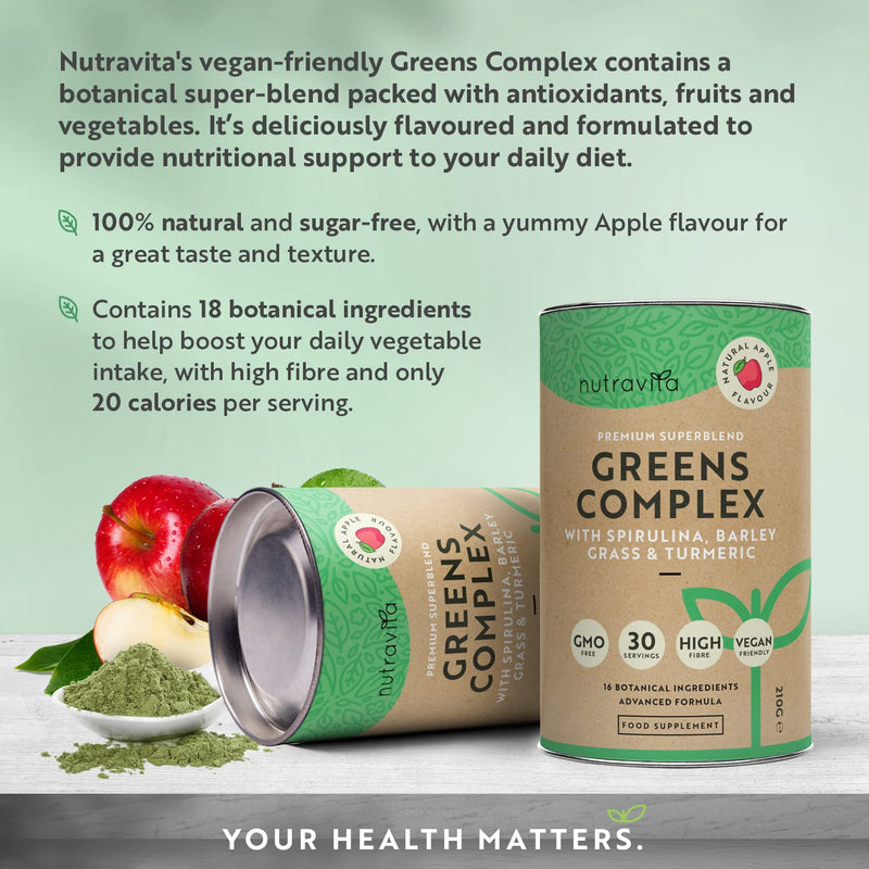 [Australia] - Super Greens Powder Complex - Natural Apple Flavour - Premium Superfood Powder Blend with Spirulina, Barley Grass and Turmeric - High Fibre, Vegan Friendly, and GMO Free - Made in The UK by Nutravita 