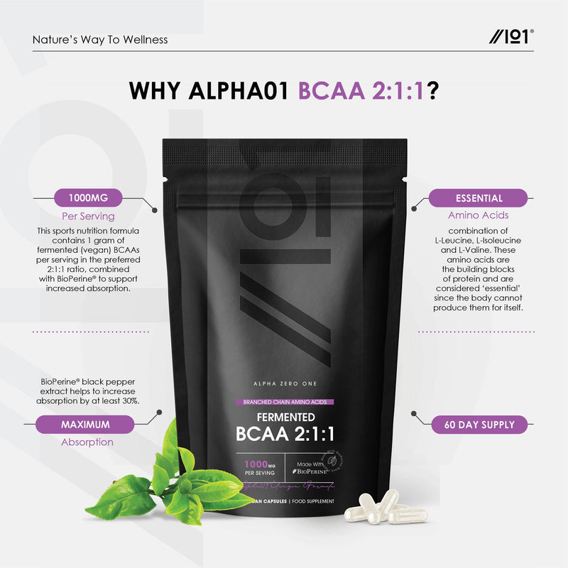 [Australia] - Fermented BCAA 2:1:1 with BioPerine® - 1000mg - High Strength Branched Chain Amino Acids Supplement - Not Tablets or Powder , Halal, 120 Capsules 2:1:1 (120 Caps) 