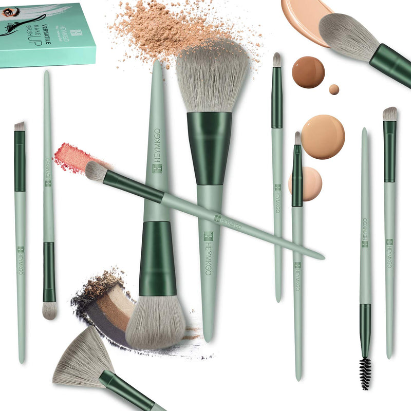 [Australia] - Makeup Brushes HEYMKGO 15pcs Makeup Brush Set Premium Synthetic Bristles Green Color Conical Handle Kabuki Foundation Brush Face Lip Eye Makeup Sets Professional with Portable Drawstring Flannel Bag 