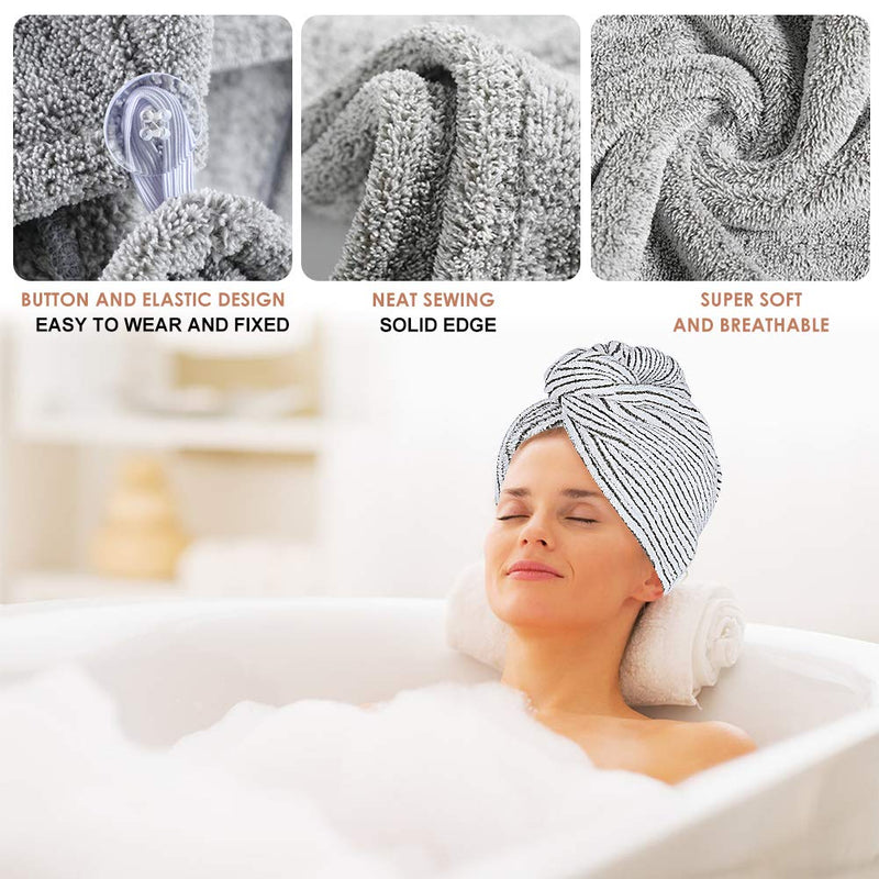 [Australia] - 3 Pack Hair Towel Wrap for Women, Ultra Soft Hair Drying Towels, Anti-Frizz & Super Absorbent Hair Turban, Suitable for Curly, Long & Thick Hair (Gray&Dark Gray&Stripe) 