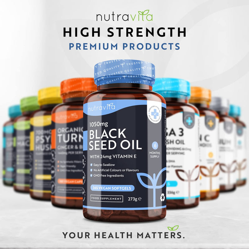 [Australia] - High Strength Black Seed Oil Capsule Enhanced with Vitamin E - 365 Vegan Capsules - Cold Pressed Nigella Sativa Producing Pure Black Cumin Seed Oil - 6 Month Supply - Made in The UK by Nutravita 