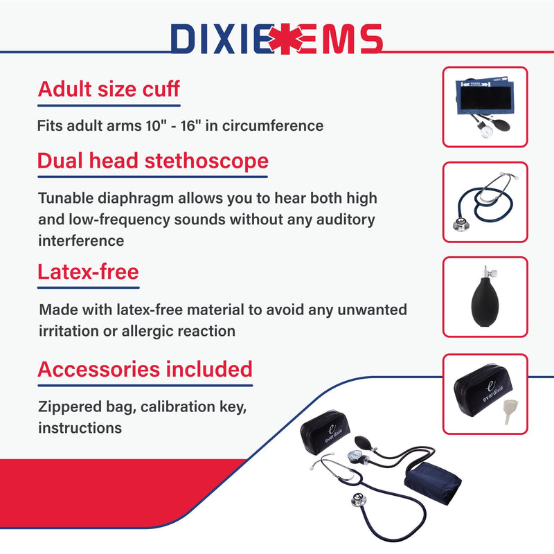 [Australia] - Dixie EMS Aneroid Sphygmomanometer and Dual Head Stethoscope Set with Adult Size Blood Pressure Cuff, Calibration Key and Carrying Case – Navy Blue 