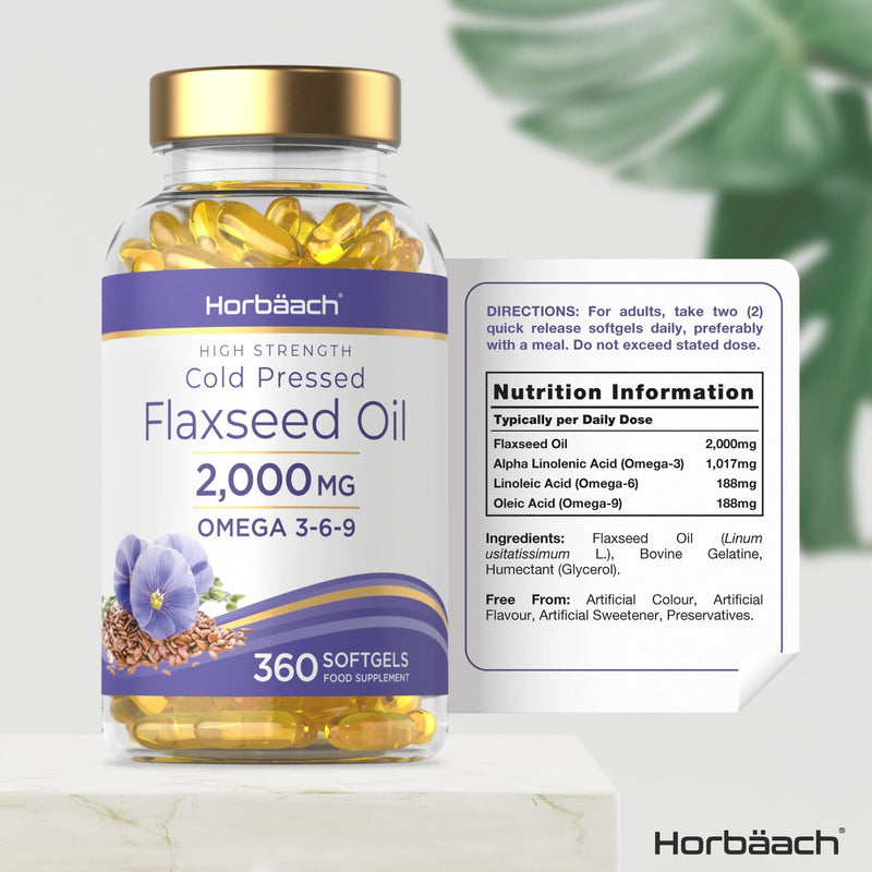 [Australia] - Flaxeed Oil Capsules 2,000mg | 360 Cold Pressed Liquid Softgels Omega 3-6-9 | High Strength ALA | by Horbaach 360 Count (Pack of 1) 