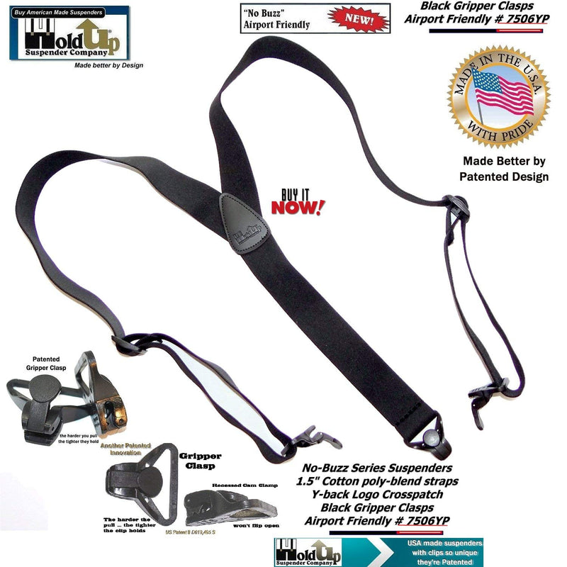 [Australia] - Holdup Suspender Company's No-buzz Airport Friendly All Black Y-back Suspenders with Patented composite plastic Gripper Clasps 