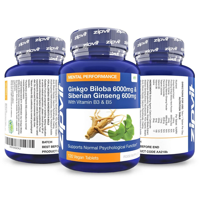 [Australia] - Ginkgo Biloba and Siberian Ginseng, Standardised Ginkgo 6000mg and Ginseng 600mg with Vitamins B3 and B5. 120 Vegan Tablets. 4 Months Supply. 