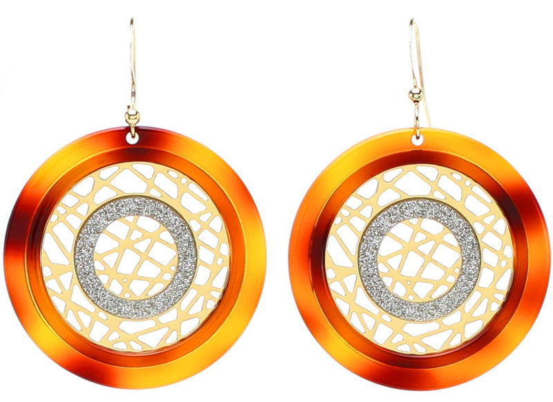 [Australia] - Lova Jewelry Disco Style Funky Orange Disk Golden Tone Metal Necklace Earrings Set 