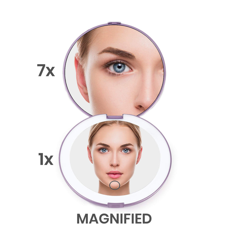 [Australia] - LUNA London LED Compact Mirror 2.0 | 7X Magnification, 3 Colour Lights, USB Rechargeable, Portable, Pocket, Lighted, Makeup Mirror | Perfect for Purse, Handbag & Travel Beauty Needs | Lavender 