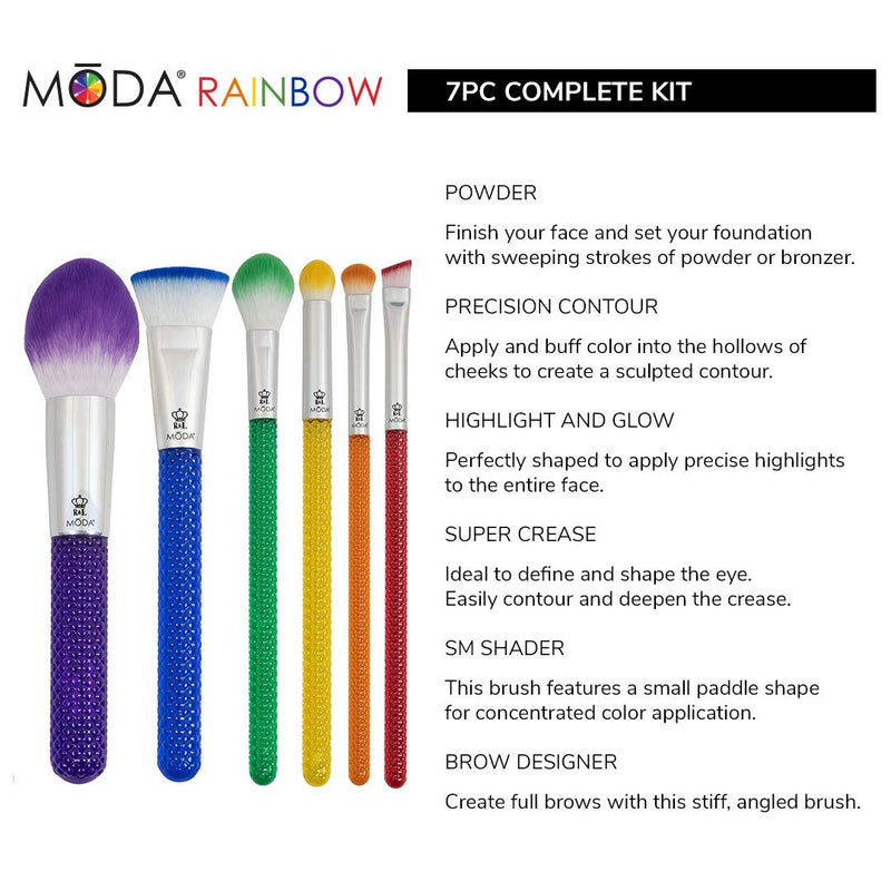 [Australia] - MODA Full Size Rainbow 7pc Makeup Brush Set with Pouch, Includes - Powder, Precision Contour, Highlighter, Super Crease, Small Shader and Brow Designer Brushes, Multicolor 