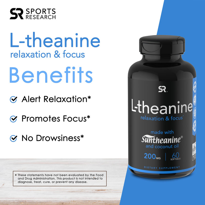 [Australia] - Sports Research Double Strength ‘Suntheanine’ L-Theanine with Organic Coconut Oil - Promotes Alertness & Relaxation without Drowsiness - 200mg L Theanine Supplement - 60 Softgel Capsules for Adults 