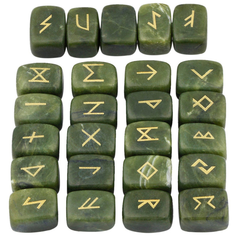 [Australia] - mookaitedecor Green Jade Runes Stones Set (25 Pieces), Tumbled Gemstone with Carved Rune Words for Fortune Telling, Crystal Healing Reiki 