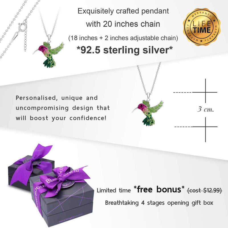 [Australia] - BLING BIJOUX Colorful Crystal Flying Hummingbird Pendant Necklace Never Rust 925 Sterling Silver Natural and Hypoallergenic Chain with Free Breathtaking Gift Box for a Special Moment of Love 