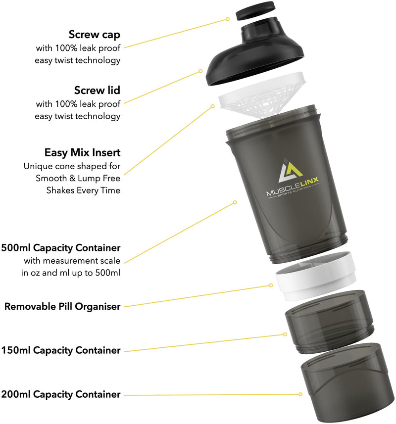 [Australia] - Black Protein Shaker Plus Storage Screw top 100% Leak Proof Drinks Bottle 500ml to 700ml by Musclelinx Black Transparent Plus Storage 