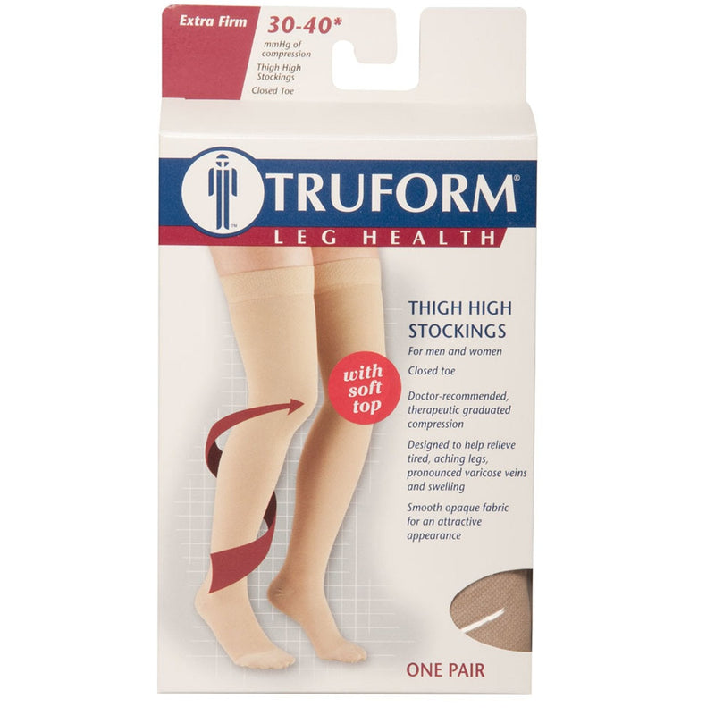 [Australia] - Truform 30-40 mmHg Compression Stockings for Men and Women, Thigh High Length, Closed Toe, Beige, Small 