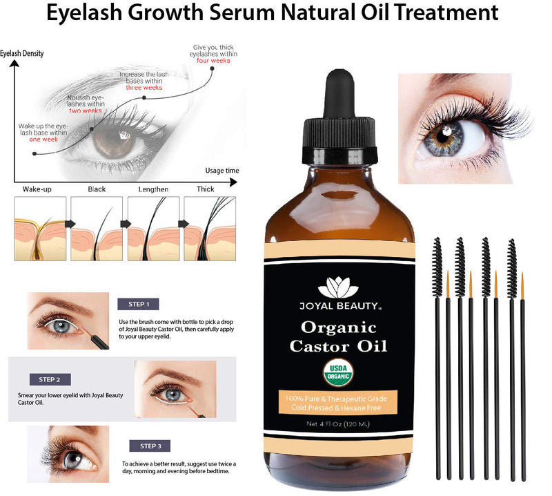 [Australia] - Castor Oil (120 ML) USDA Certified Organic 100% Pure Cold-Pressed Hexane-free Premium Quality for Hair Growth, Eyelashes, Eyebrows, Beard and Skin by Joyal Beauty. Bonus FREE Mascara Kit Included 