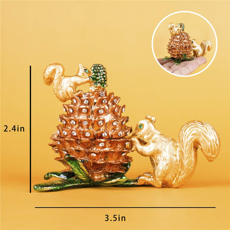 [Australia] - Jewelry Trinket Boxes Hinged - Golden Squirrel Pinecone, Crystal Jeweled Animal Figurines Jewelry Display Ring Holder Box Collectible 