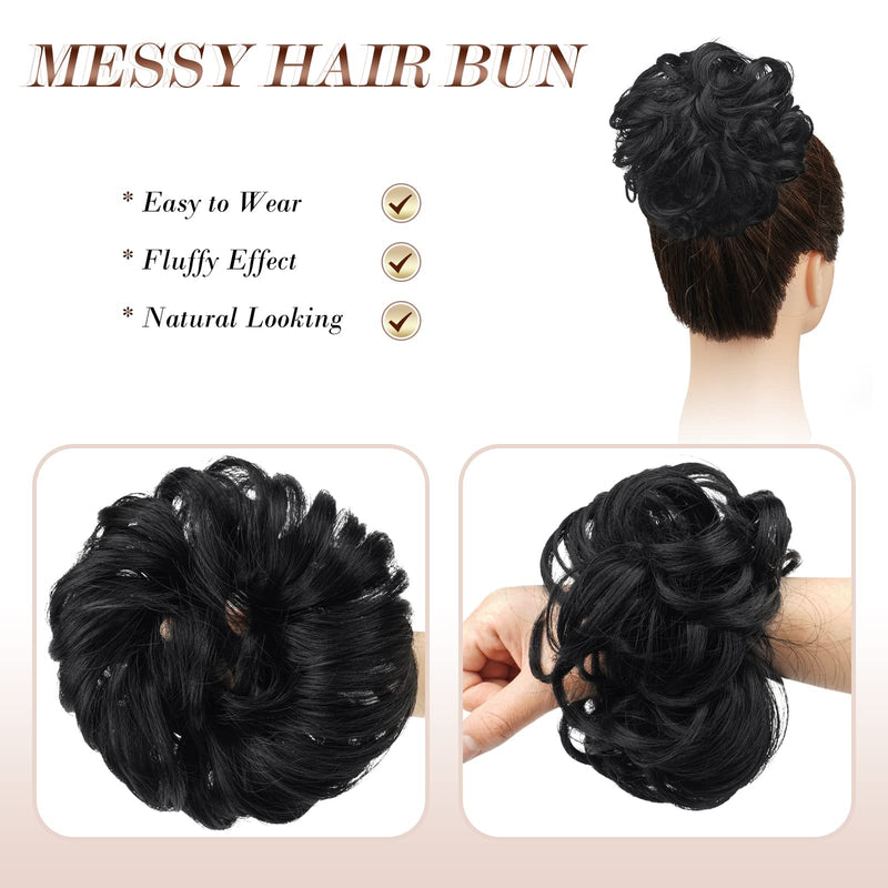 [Australia] - FESHFEN Messy Bun Hair Piece Hair Scrunchies Plus Size Thick Curly Wavy Hair Piece Synthetic Donut Updo Hairpieces for Women Girls, Jet Black 1# Jet Black 