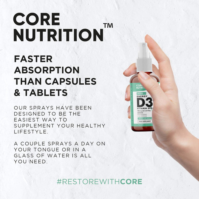 [Australia] - Core Vitamin D3 K2 Spray | 2000iu (50mcg) Vitamin D3 + 25mcg Vitamin K2 (MK7) High Strength | 60ml for 120 Day Supply | 100% Vegan | Natural Orange Vitamin D Spray by Core Nutrition 