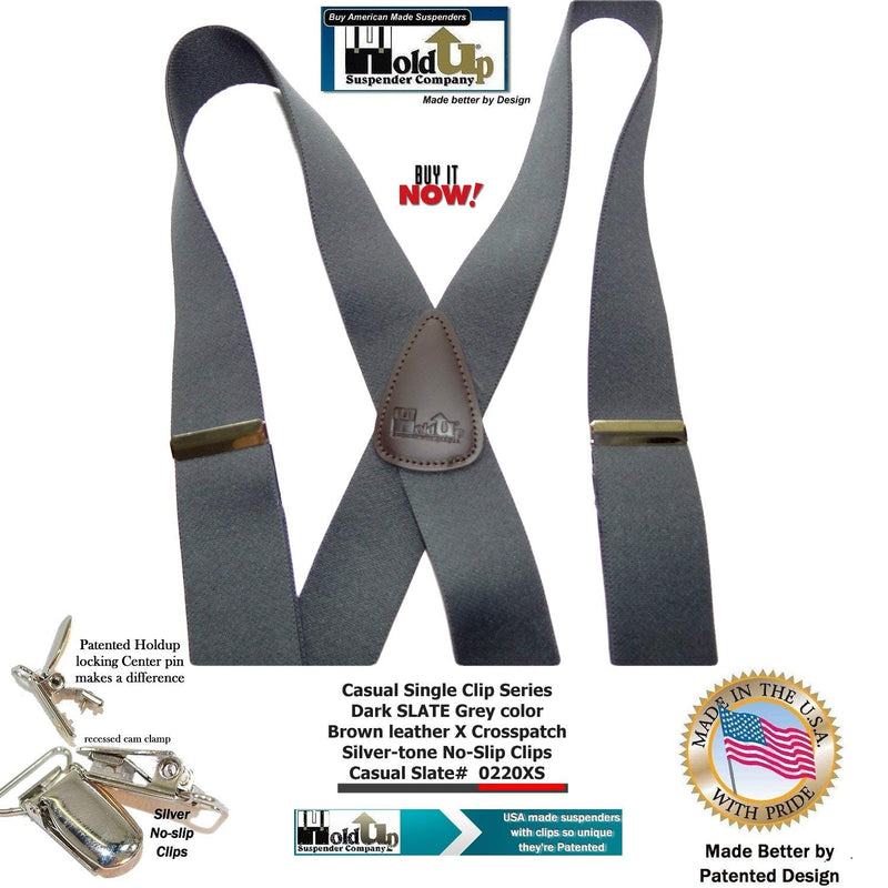 [Australia] - USA Made Slate Gray HoldUp brand X-back Suspenders with No-slip Silver-tone Clips 