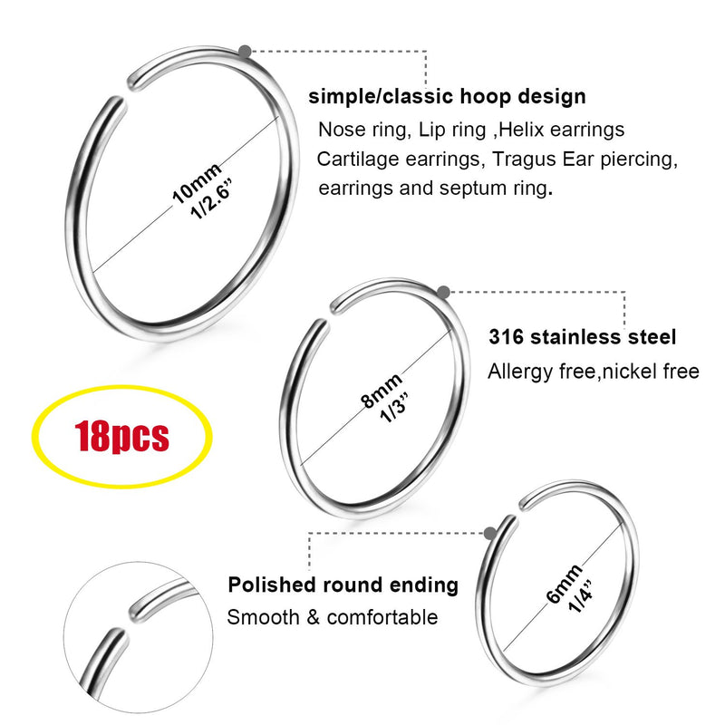 [Australia] - LOYALLOOK 18-24Pcs 20G 316L Stainless Steel Nose Ring Hoop Cartilage Hoop Septum Piercing 6-12mm A:18pcs (6/8/10mm each 6pcs) 