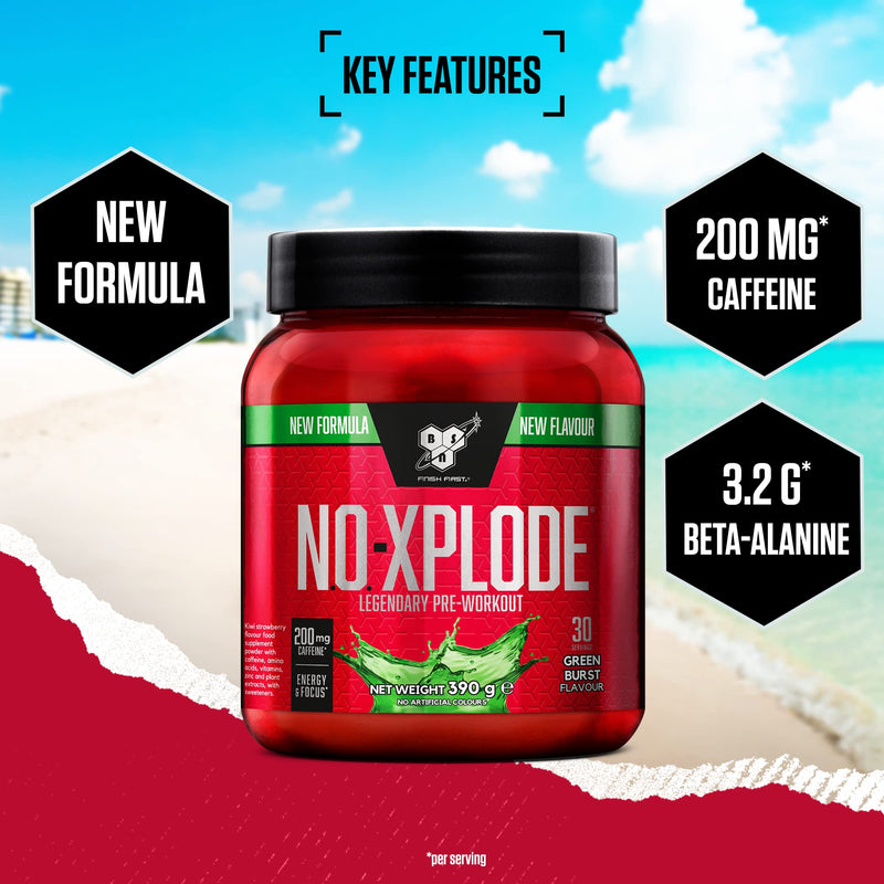 [Australia] - BSN Nutrition N.O.-Xplode Pre Workout Powder Food Supplement, Energy and Focus supportwith Caffeine, Amino Acids, Vitamin C and Zinc, Green Burst Flavour, 30 Servings, 390 g 