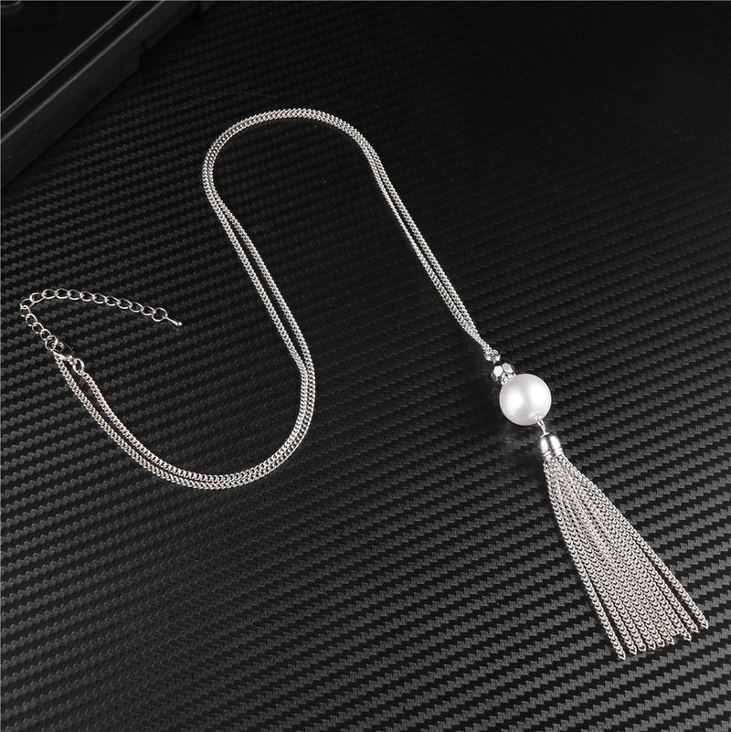[Australia] - Long Tassel Pendant Necklaces for Women - Faux Pearl Necklace with Silver Chain, Fashion Jewelry for Lady White Necklace+Earrings 