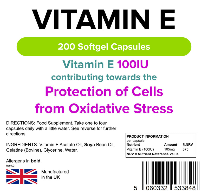 [Australia] - Lindens Vitamin E Oil 100IU - 200 Capsules - UK Made - Skin - Powerful Antioxidant | Protection of Cells from Oxidative Stress | Vitamin E Capsules | Letterbox Friendly 