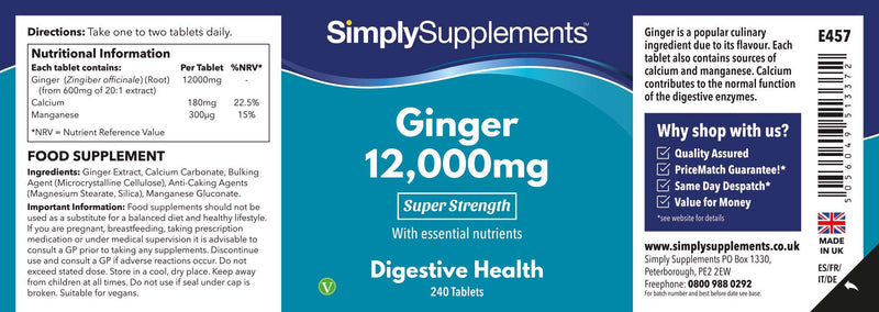 [Australia] - Ginger Tablets | Incredible 12000mg in Every Dose | Vegan & Vegetarian Friendly | Popular Supplement for Healthy Digestion & Travel Sickness | 240 Tablets = Up to 8 Month Supply | Manufactured in the UK 