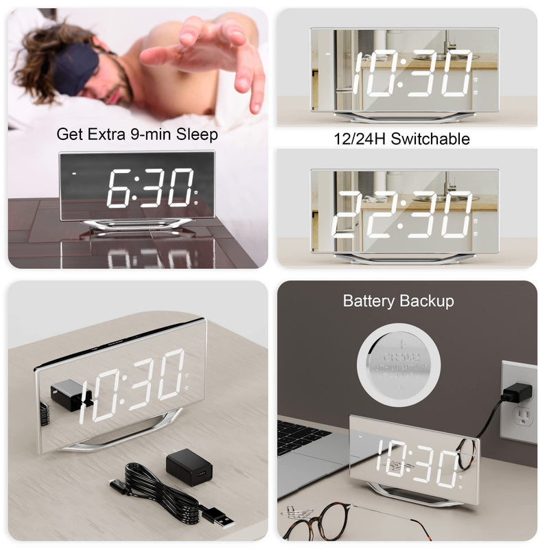 [Australia] - Digital Clock for Living Room, Loud Alarm Clock for Heavy Sleepers Adult, 8.7" Large Display LED Mirror Clock with 7-Level Dimmer,Snooze Mode,Dual USB Ports, Modern Desk Clock for Bedroom Home Office Silver-white Digits 