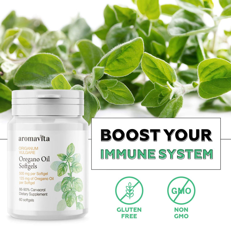 [Australia] - Aromavita Oregano Oil Capsules – Non GMO and Gluten Free, Greek Oregano Oil Containing 108mg Per Serving – Over 86-90% Carvacrol – Oregano Oil Food Supplement – 60 Softgels, Regular 