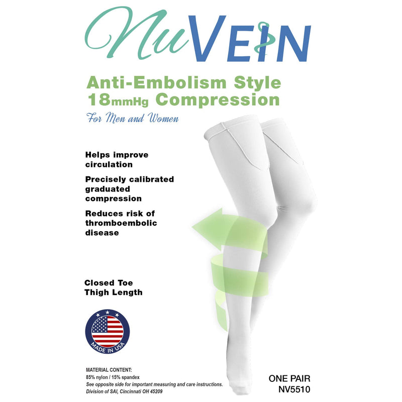[Australia] - NuVein Surgical Stockings, 18 mmHg Support for Embolic Recovery, Medical Unisex Fit, Thigh High, Closed Toe, White, Large Large (Pack of 1) 