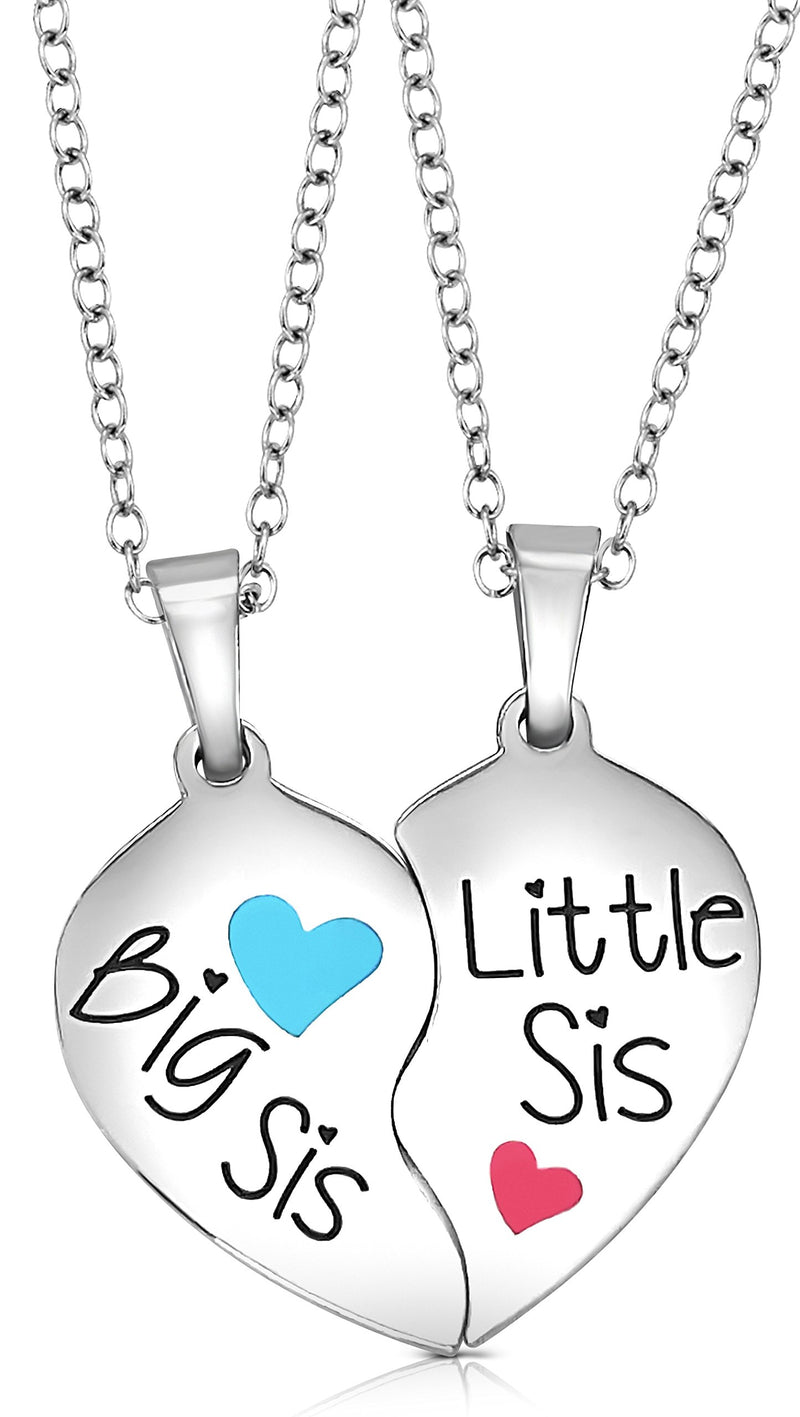 [Australia] - Sisters Jewelry Gift, Big Sis & Little Sis 2 Piece Split Heart Matching Sister Pendant Necklace Set for Women, Girls, Teens, Tweens Blue/Pink 