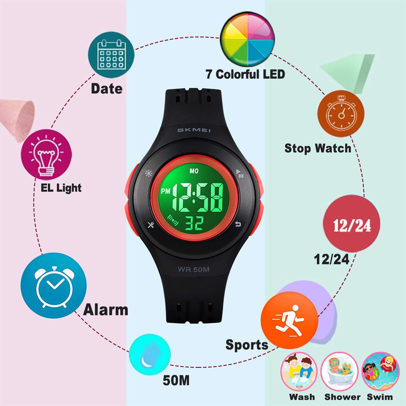 [Australia] - YxiYxi Kids Watch Digital Waterproof for Girls Boys Toddler Cute Sport Outdoor Multifunctional Watches with Luminous Alarm Stopwatch 7 Colorful LED Wrist Watch for 5-10 Year Little Child Black 