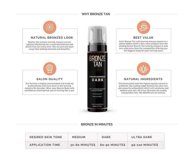 [Australia] - Bronze Tan Dark Self Tanner and Self Tanning Mousse For Fair to Medium Skin Tones Salon Quality Vanilla Scented Self Tanners Best Sellers (200 ml/ 6.7 oz) 
