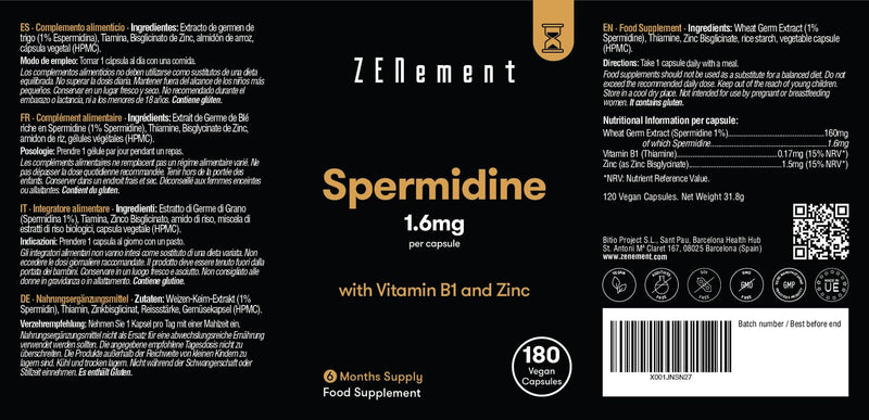 [Australia] - Spermidine, 180 Capsules | 1.6mg per Capsule, with Vitamin B1 and Zinc | Wheat Germ Extract | Anti-Aging, Healthy Aging | Vegan, Additives Free, Non-GMO | Zenement 