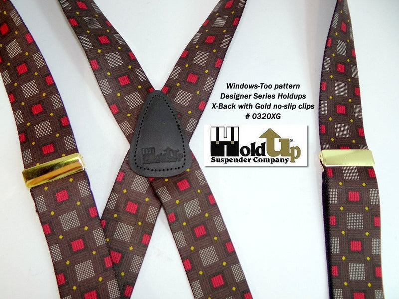 [Australia] - Hold-Ups Windows Too Pattern X-back Suspenders 1 3/8" No-slip Gold Clips 