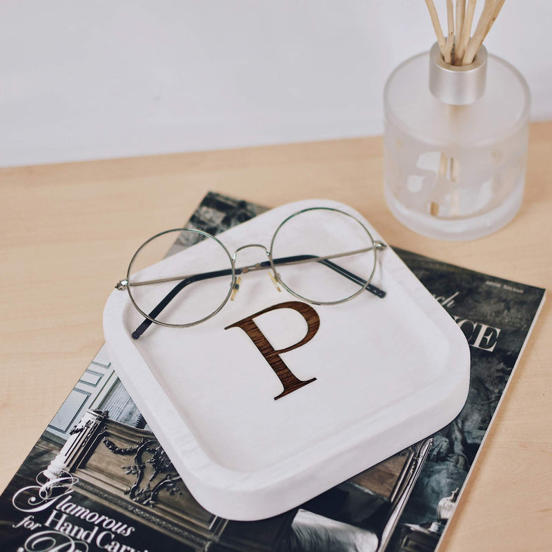 [Australia] - Solid Wood Personalized Initial Letter Jewelry Display Tray Decorative Trinket Dish Gifts For Rings Earrings Necklaces Bracelet Watch Holder (6"x6" Sq White "P") 6"x6" Sq White "P" 